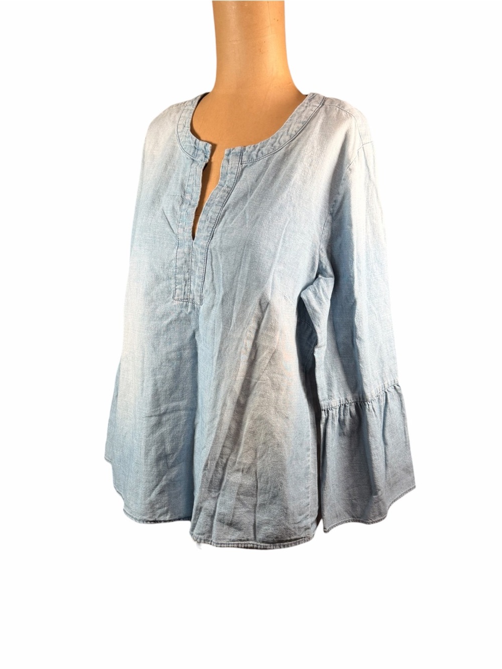 J. CREW Light Blue Denim-Look Peasant Tunic with Bell Sleeves